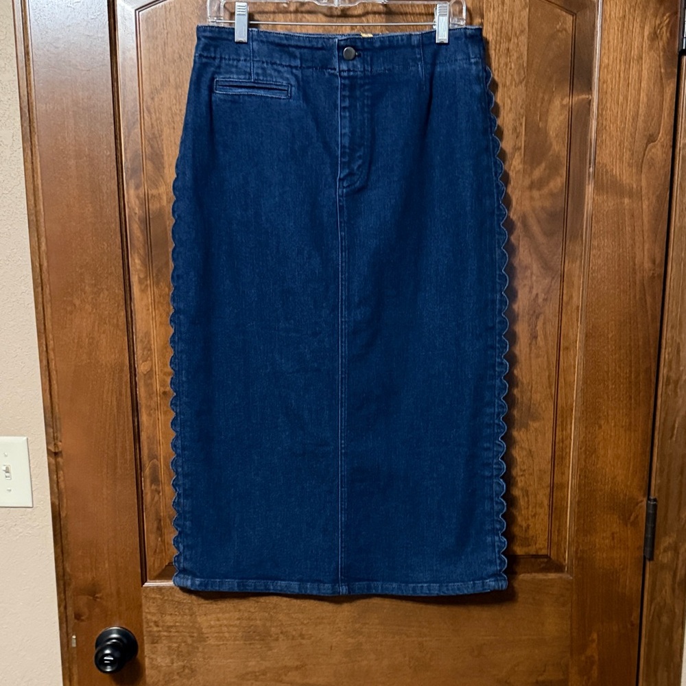 Maeve by Anthropology Denim Midi Skirt with Scalloped Edges - Size 10